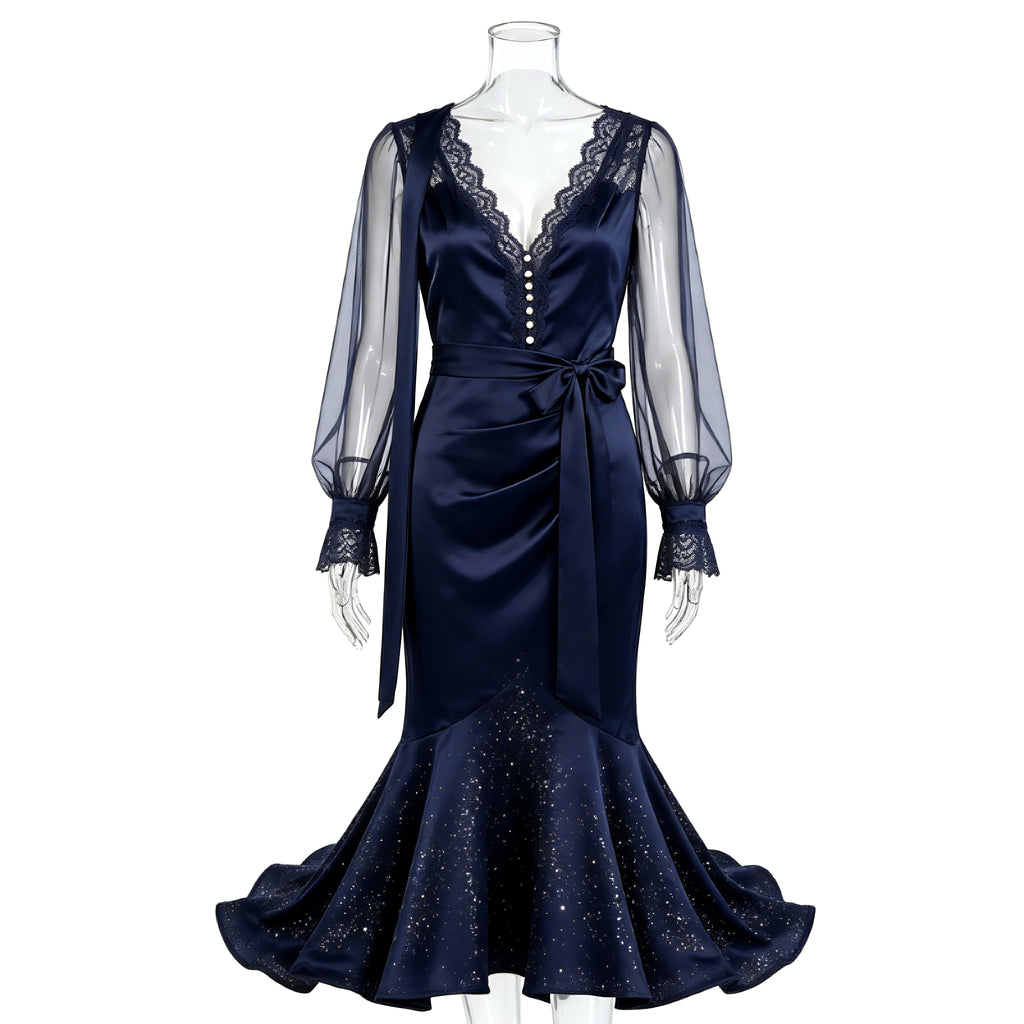 Navy Blue Satin V-Neck Lace & Glitter Midi Party Dress