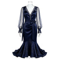 Navy Blue Satin V-Neck Lace & Glitter Midi Party Dress