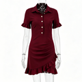 Sophisticated burgundy shirt-collar dress with a fitted waist and ruffled hem