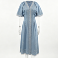 Women Dusty Blue French Embroidered Tea Dress