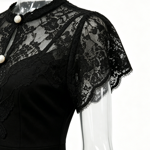 Black Lace Yoke Pearl Button Ruffle Slit Midi Dress