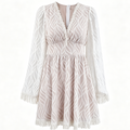 White Lace Overlay V-Neck Flare Sleeve Fringe Trim Mini Dress