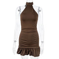 Brown Halter Neck Ruched Ruffle Hem Bodycon Mini Dress