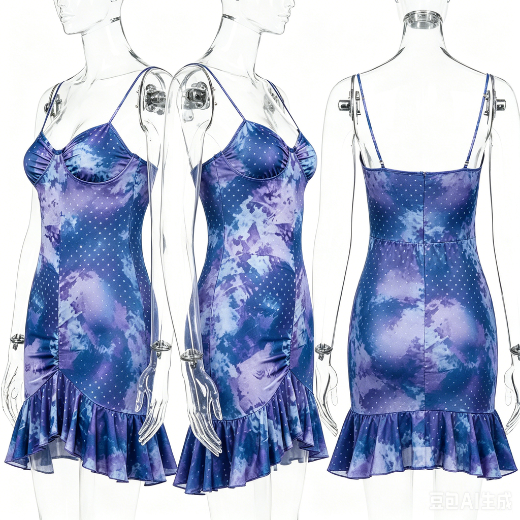 Purple & Blue Tie-Dye Polka Dot Ruffle Hem Fitted Slip Dress