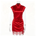 Mature and sophisticated red satin lace slit bodycon skirt