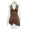 Brown Halter Neck Ruched Asymmetrical Mini Dress