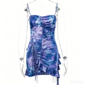 Blue & Purple Tie-Dye Ruched Fringe Asymmetrical Ruffle Slip Dress