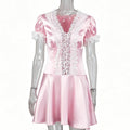 Soft Pink Satin Lace Trim Puff Sleeve Party Mini Dress