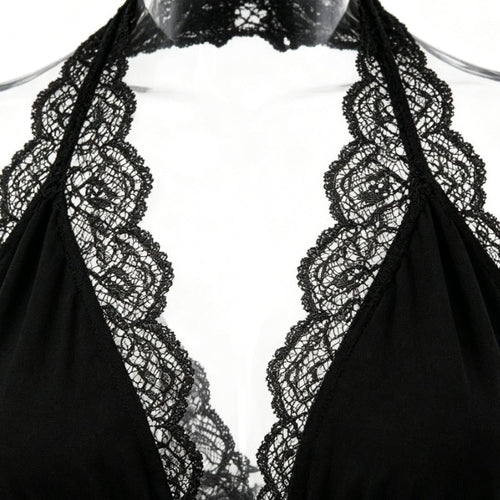 Black Lace Trim Halter Neck Asymmetrical Glitter Midi Dress
