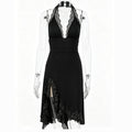 Black Lace Trim Halter Neck Asymmetrical Glitter Midi Dress