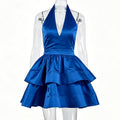 Royal Blue Satin Halter Neck Tiered Ruffle Mini Dress