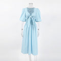 Light Blue Square Neck Puff Sleeve Midi Dress