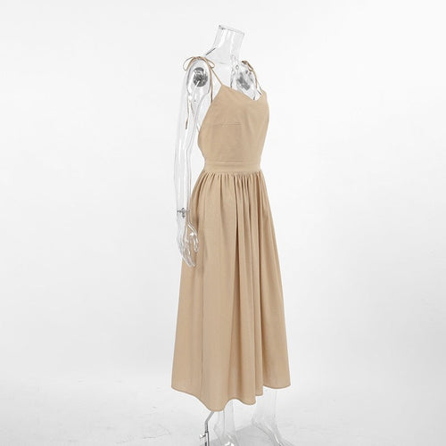 Beige Tie-Shoulder Midi Slip Dress