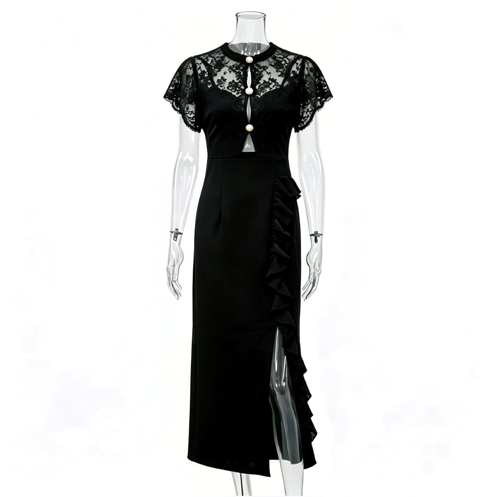 Black Lace Yoke Pearl Button Ruffle Slit Midi Dress