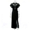 Black Lace Yoke Pearl Button Ruffle Slit Midi Dress